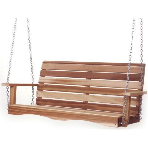 Cedar wood porch swing hanging from chains