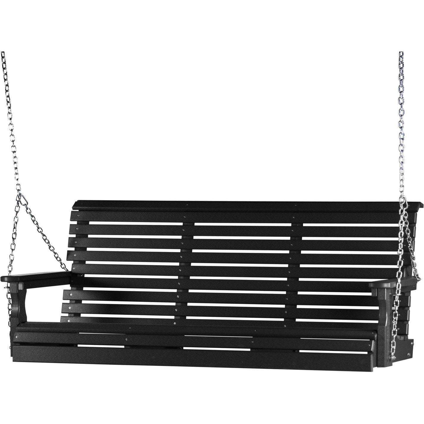 Black LuxCraft rollback porch swing set up on a porch, ready for a comfortable game-day seating area