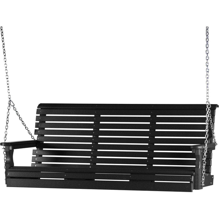 Black LuxCraft rollback porch swing set up on a porch, ready for a comfortable game-day seating area