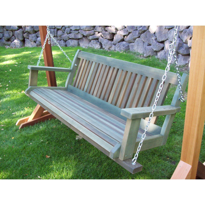 Red cedar porch swing on a covered porch, a relaxed spot for a quiet morning coffee ritual