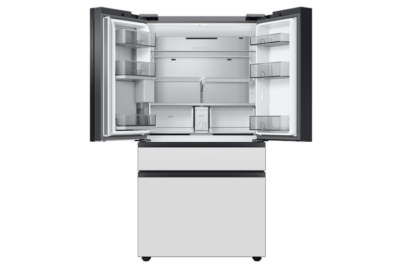 Samsung Bespoke Refrigerator open doors showing interior storage