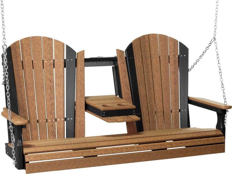 LuxCraft LuxCraft Adirondack 5ft. Recycled Plastic Porch Swing With Cup Holder Antique Mahogany on Black / Adirondack Porch Swing Porch Swing 5APSAMB
