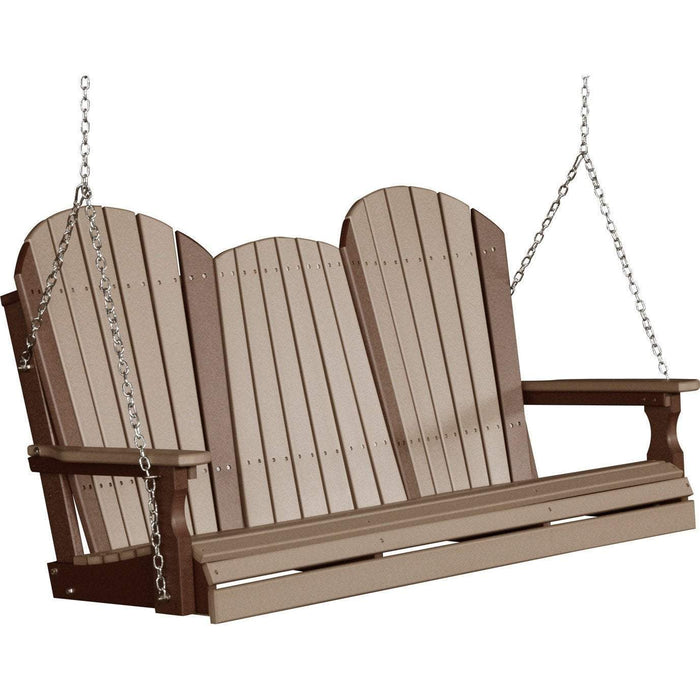 LuxCraft LuxCraft Adirondack 5ft. Recycled Plastic Porch Swing With Cup Holder Weather Wood On Chestnut Brown / Adirondack Porch Swing Porch Swing 5APSWWCBR