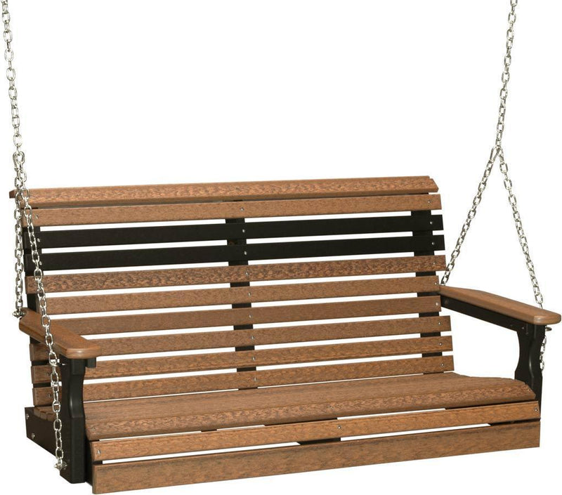 LuxCraft LuxCraft Rollback 4ft. Recycled Plastic Porch Swing With Cup Holder Antique Mahogany on Black Porch Swing 4PPSAMB
