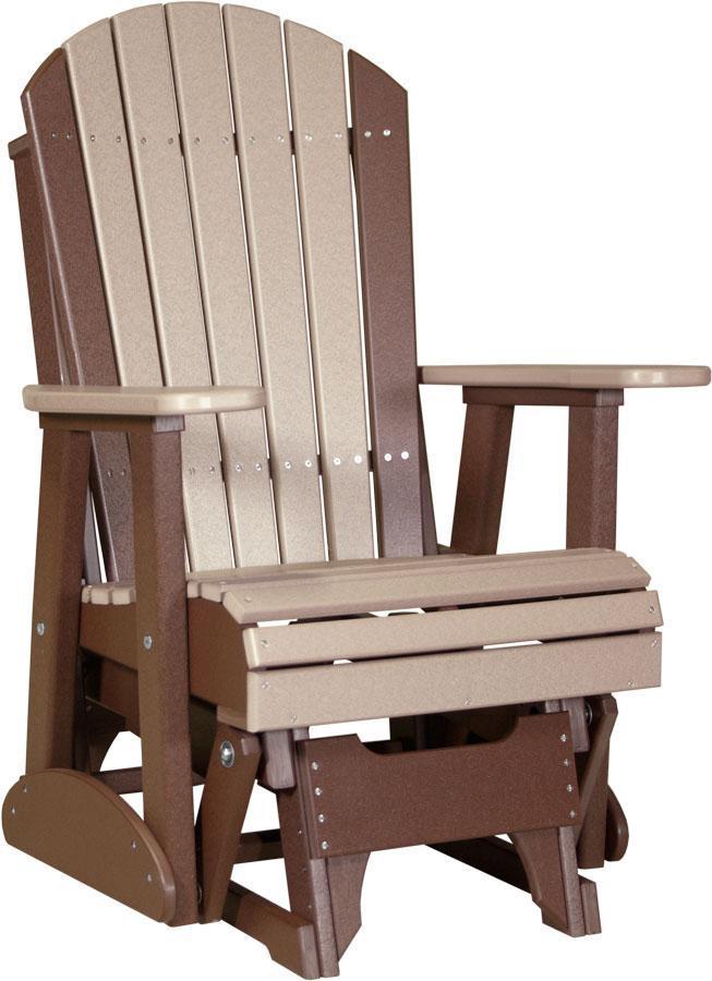 LuxCraft LuxCraft Weatherwood Adirondack Recycled Plastic 2 Foot Glider Chair With Cup Holder Weatherwood on Chestnut Brown Glider Chair 2APGWWCBR