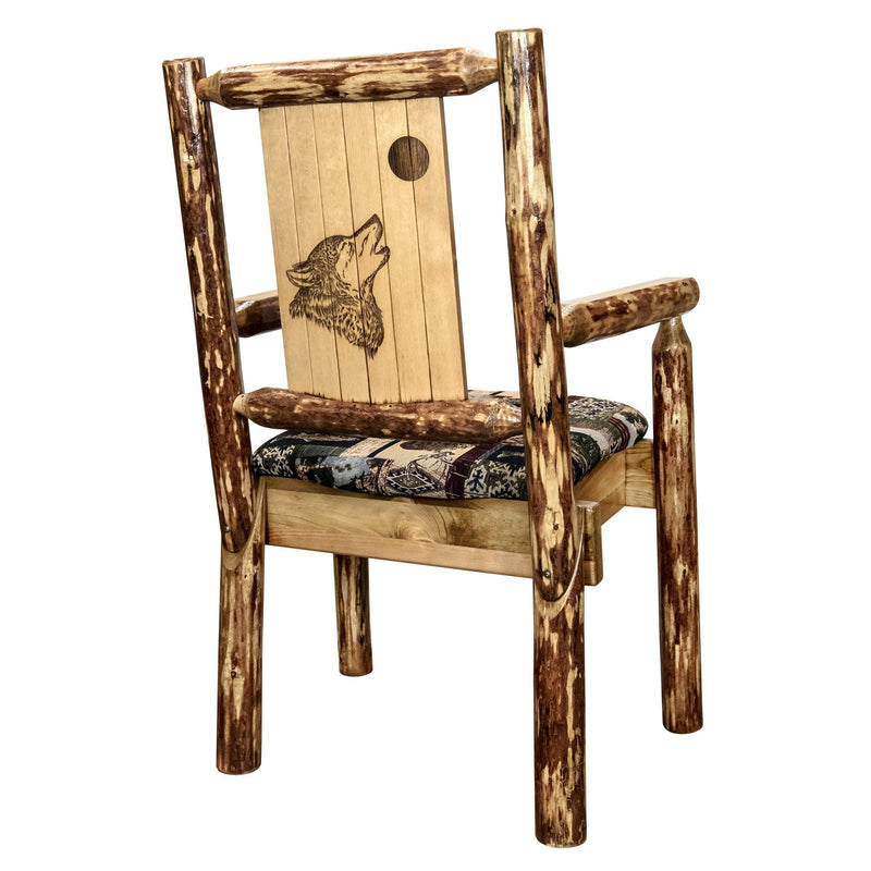 Montana Woodworks Glacier Country Captain's Chair Woodland Upholstery w/ Laser Engraved Design Stained & Lacquered / Wolf Dining, Kitchen, Home Office MWGCCASCNWOODLZWOLF 661890467122