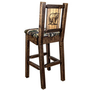 Montana Woodworks Homestead Barstool Back Woodland Upholstery w/ Laser Engraved Design Stain & Lacquer Finish Stained & Lacquered / Bear Dining, Kitchen, Game Room, Bar MWHCBSWNRSLWOODLZBEAR 661890464398