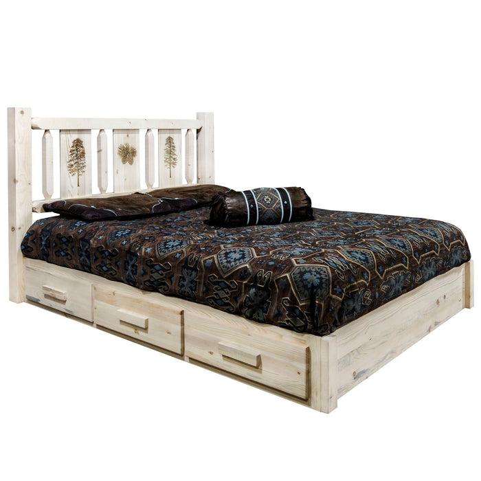 Montana Woodworks Homestead Platform Bed w/ Storage Laser Engraved Design Ready to Finish Pine Tree / California King Beds MWHCSBPCAKLZPINE 661890437446