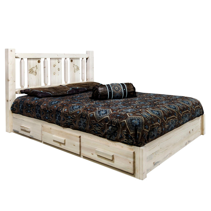 Montana Woodworks Homestead Platform Bed w/ Storage Laser Engraved Design Ready to Finish Wolf / California King Beds MWHCSBPCAKLZWOLF 661890437507
