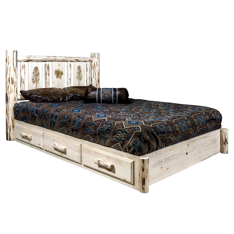 Montana Woodworks Montana Platform Bed w/ Storage Laser Engraved Design Ready to Finish Pine Tree / California King Beds MWSBPCAKLZPINE 661890437415