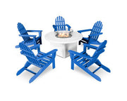 Polywood Polywood Classic Folding Adirondack 6-Piece Conversation Set with Fire Pit Table Pacific Blue Conversation Table PWS414-1-10357 190609066436