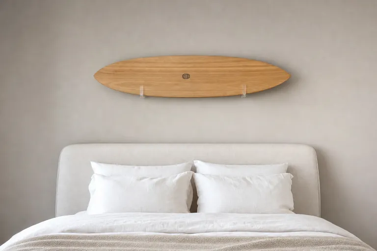Bedroom with a surfboard mounted on the wall (AI-generated visualization)