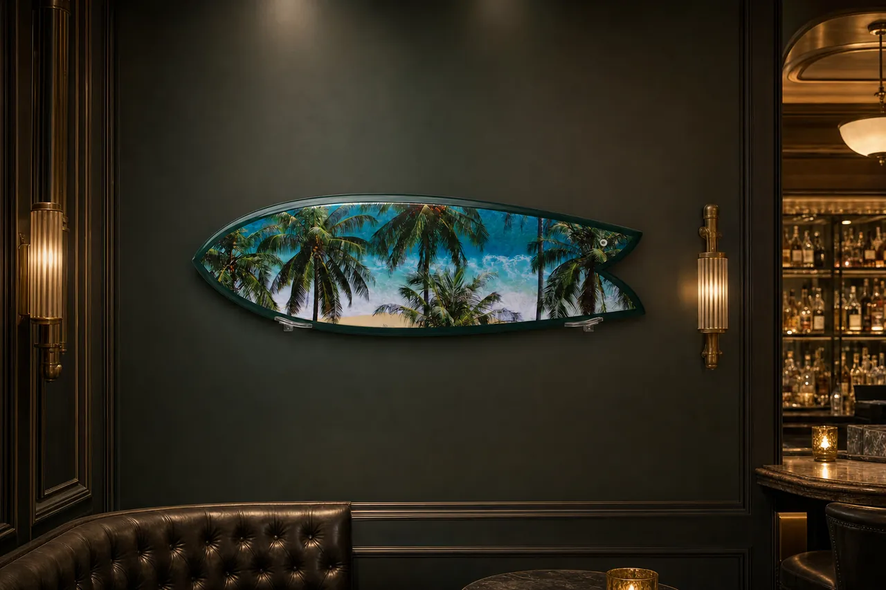 Cocktail bar, surfboard mounted on the wall (AI-generated visualization)