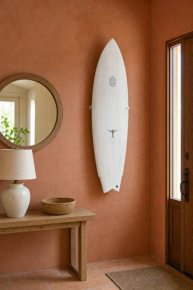 Entryway with a surfboard mounted on the wall (AI-generated visualization)