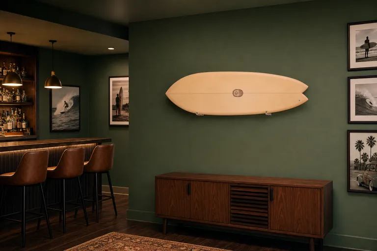 Game room with a surfboard mounted on the wall (AI-generated visualization)