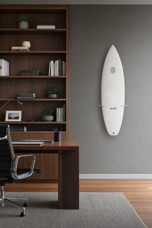 Home office with a surfboard mounted on the wall (AI-generated visualization)