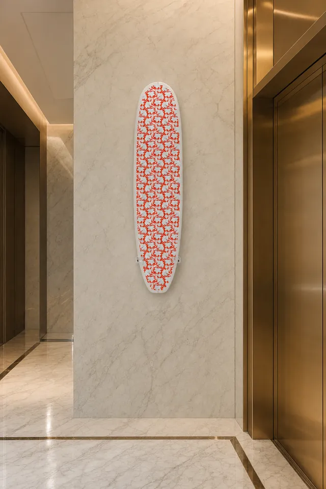 Hotel elevator lobby with a surfboard mounted on the wall (AI-generated visualization)