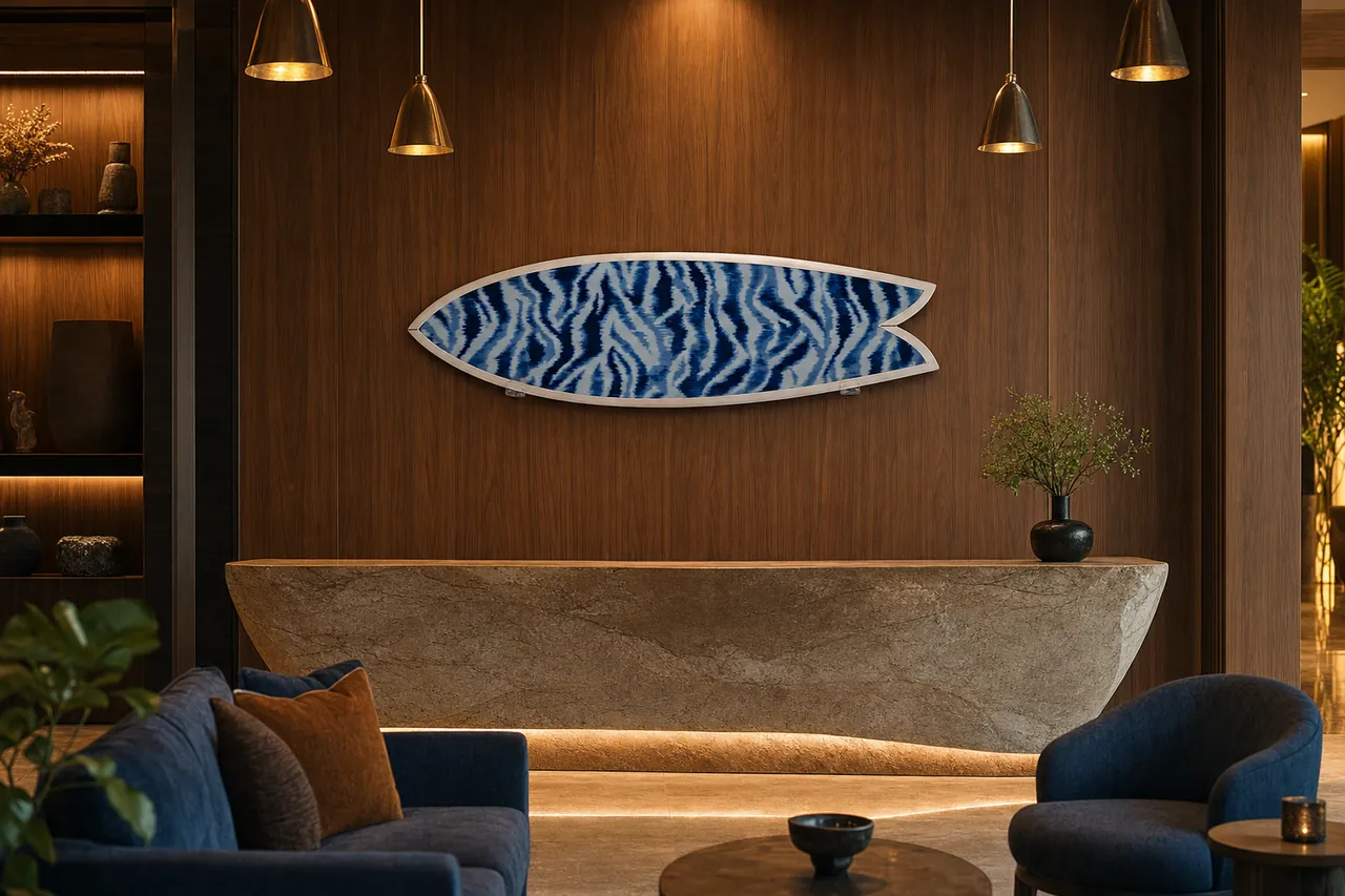Hotel lobby, surfboard mounted on the wall (AI-generated visualization)