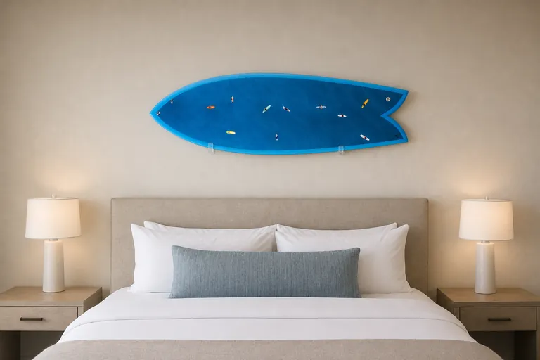 Hotel suite with a surfboard mounted on the wall (AI-generated visualization)
