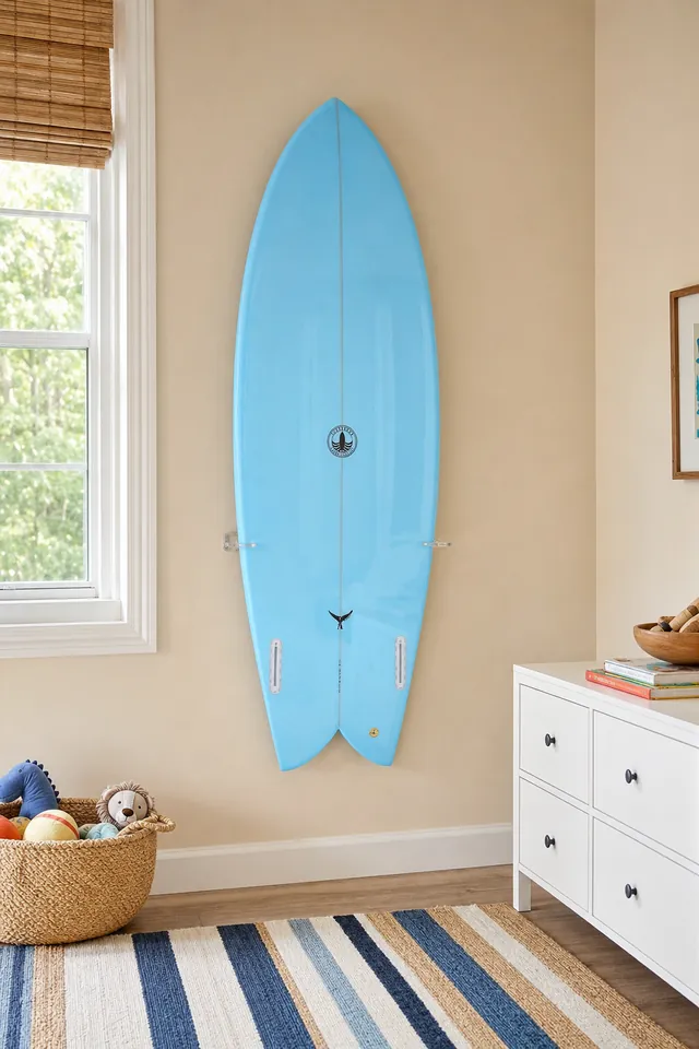 Kids room with a surfboard mounted on the wall (AI-generated visualization)