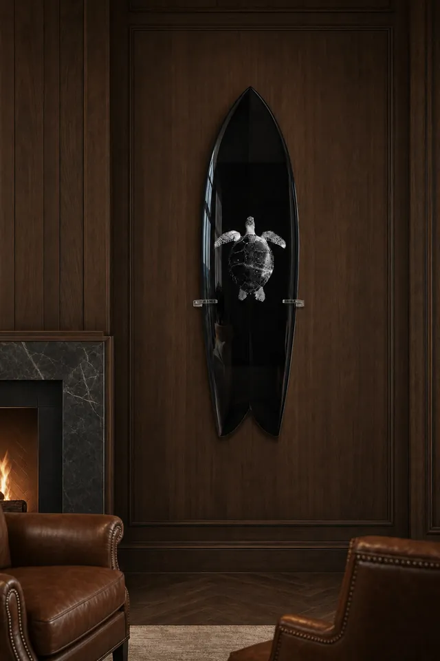 Members club with a surfboard mounted on the wall (AI-generated visualization)