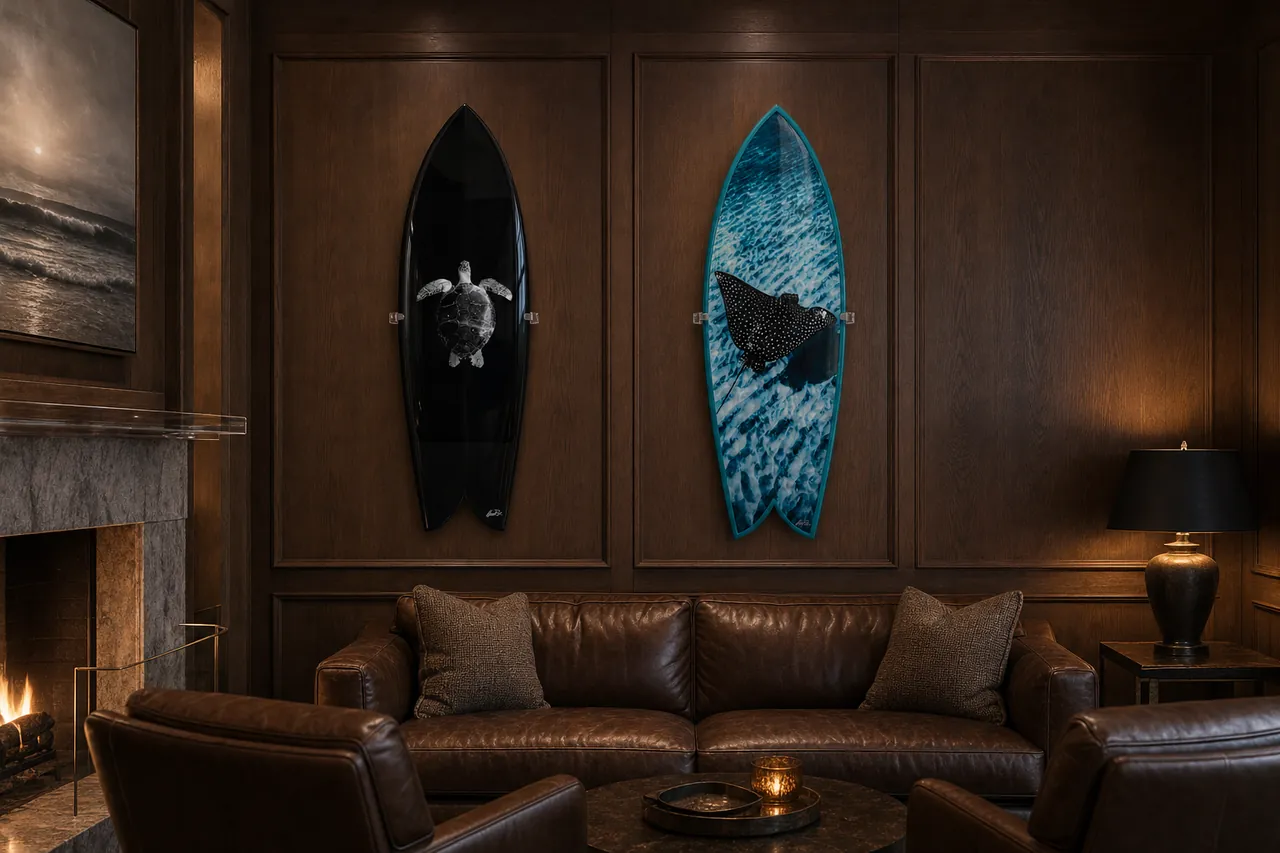 Private members club, surfboard mounted on the wall (AI-generated visualization)