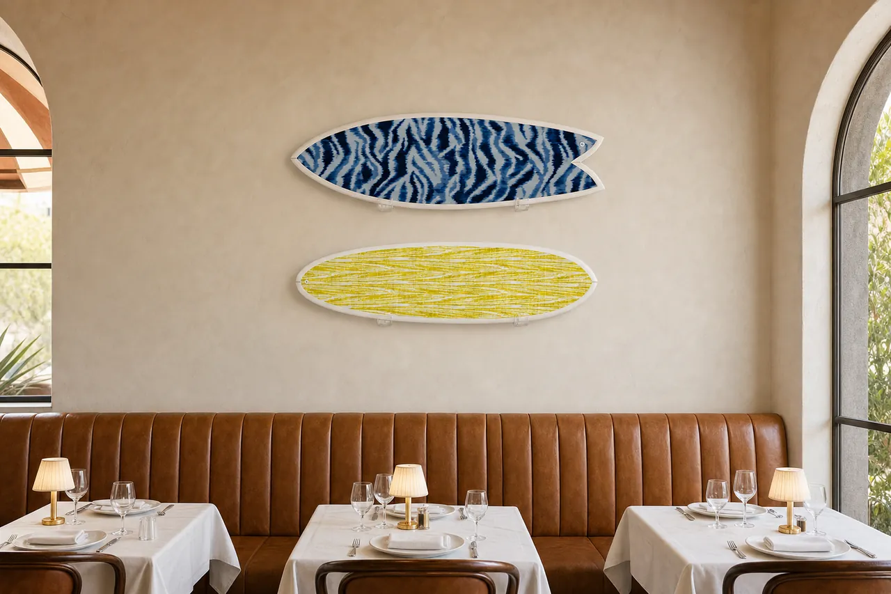 Restaurant dining room, surfboard mounted on the wall (AI-generated visualization)
