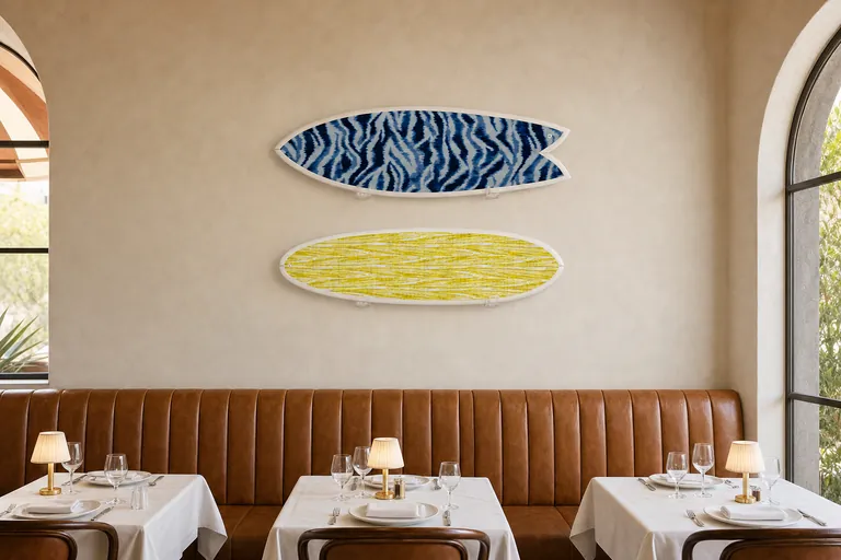 Multi art pair restaurant with a surfboard mounted on the wall (AI-generated visualization)