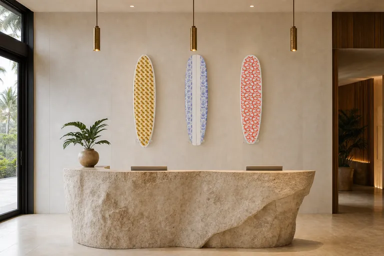 Multi art trio hotel lobby with a surfboard mounted on the wall (AI-generated visualization)