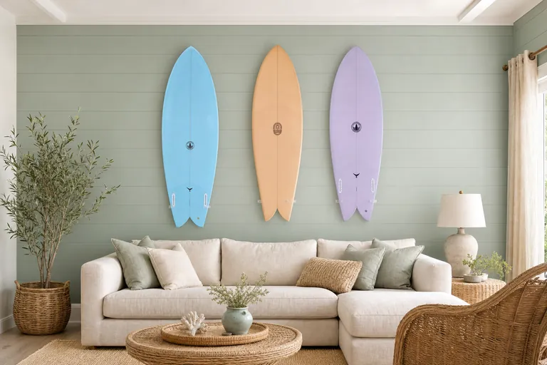 Multi fish trio living room with a surfboard mounted on the wall (AI-generated visualization)