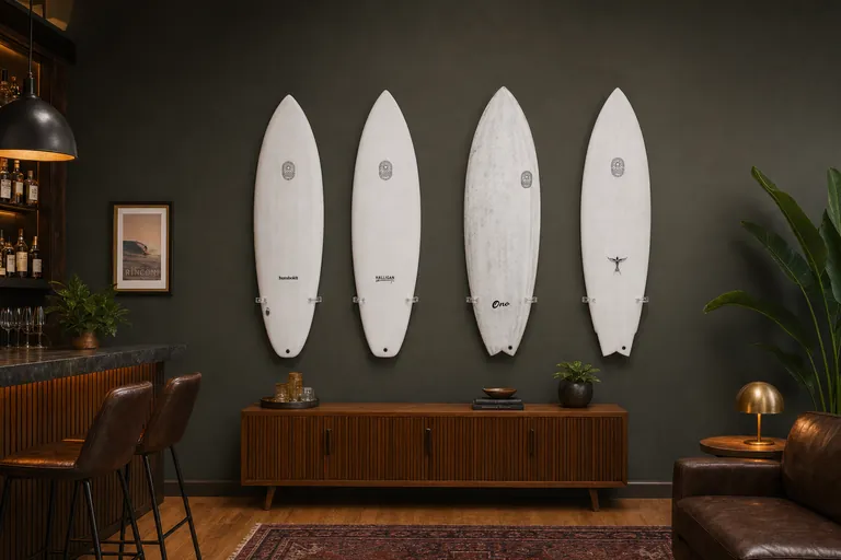 Multi quiver game room with a surfboard mounted on the wall (AI-generated visualization)