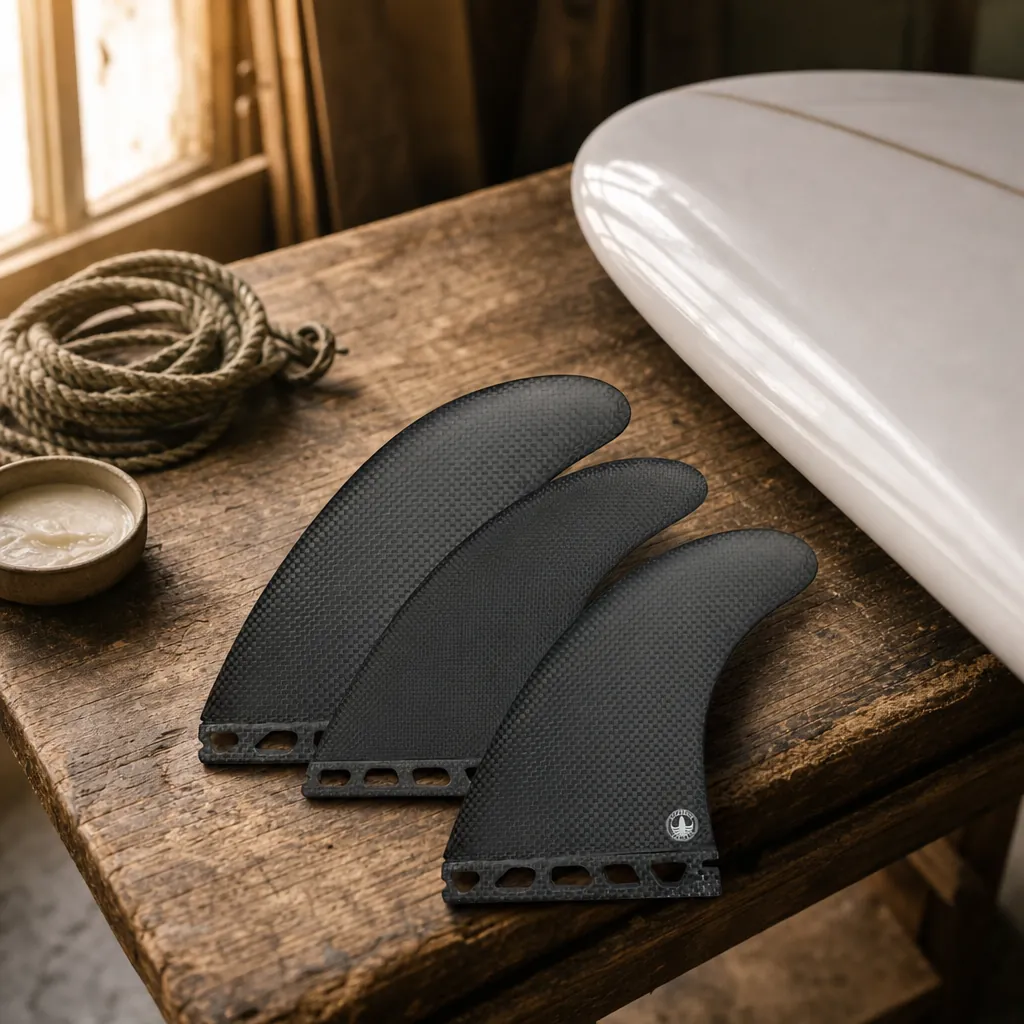 Carbon Bomb Proof Thruster Fins - Futures (Single Tab) styled on a shaping bench (AI-generated visualization)