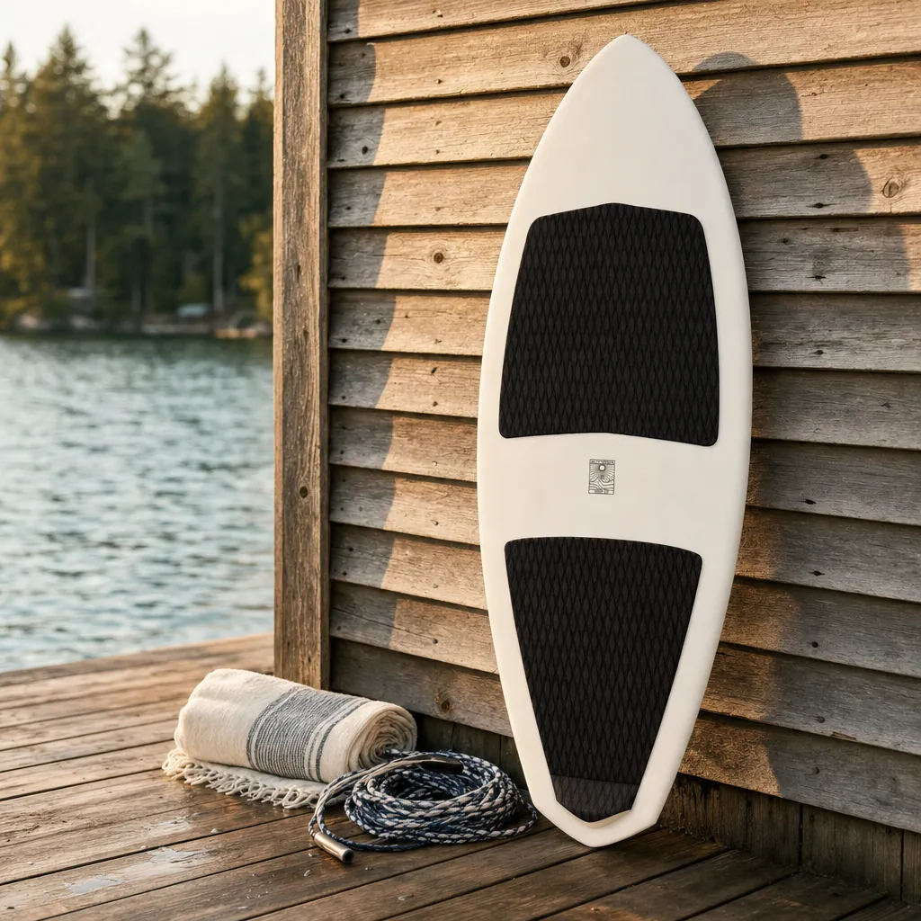 Fast & Loose Wake Surfboard – Carbon Fiber BPT ™️ on a lake dock at golden hour (AI-generated visualization)