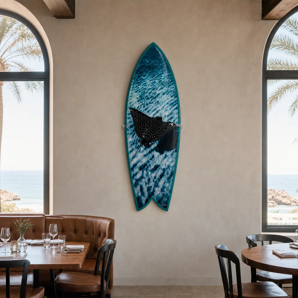 Flying Solo by Henry Bliss – Limited Edition Surfboard Art mounted on the wall of a high-end space (AI-generated visualization)