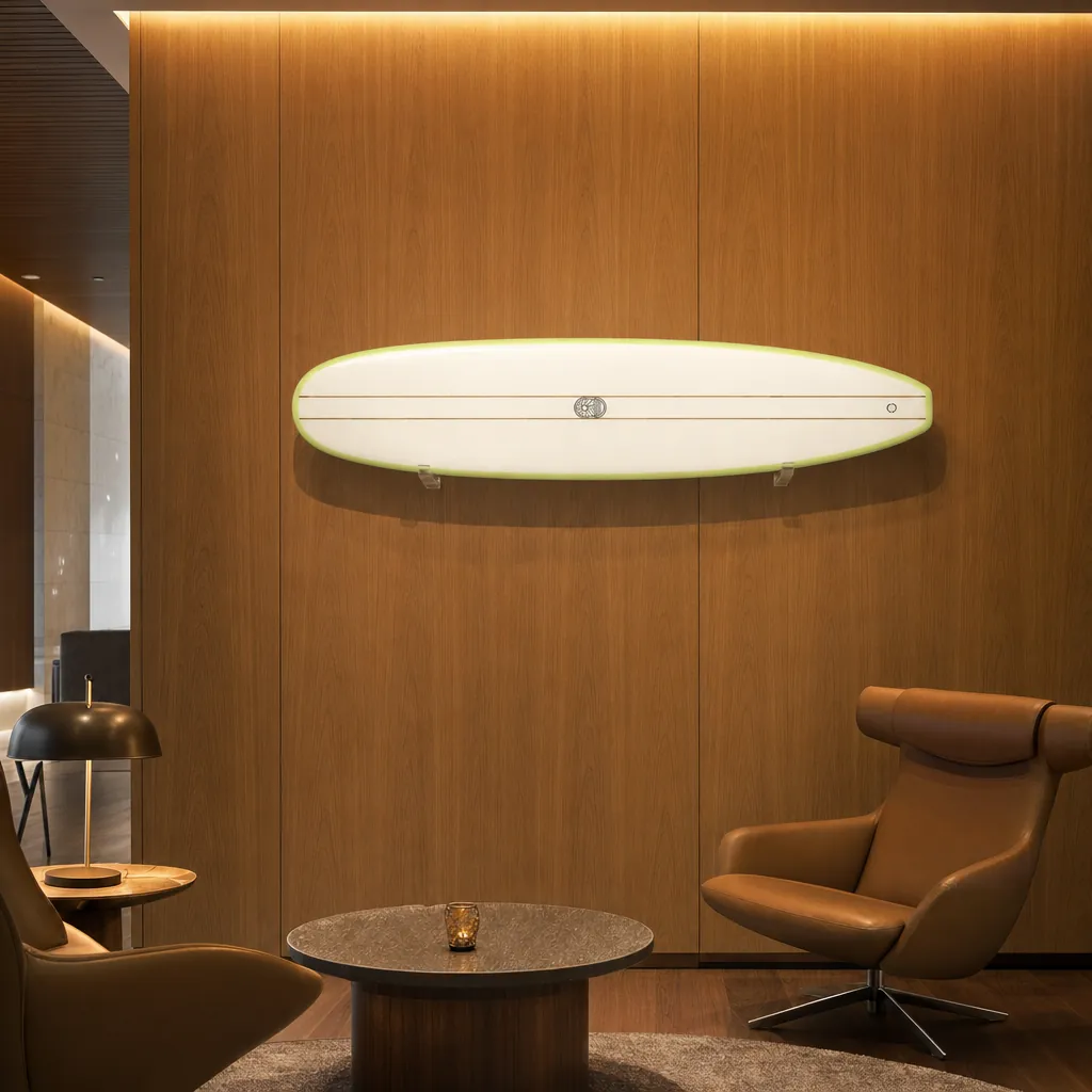 Just The Tip Noserider Longboard Surfboard – Cutlap Sage EPS mounted on the wall of a high-end space (AI-generated visualization)