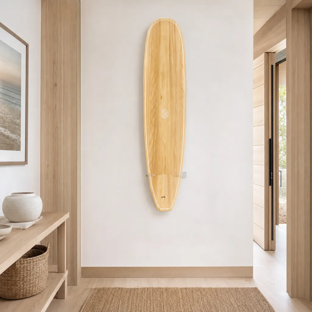 Just The Tip Noserider Longboard Surfboard – Paulownia Gloss EPS mounted on the wall of a high-end space (AI-generated visualization)