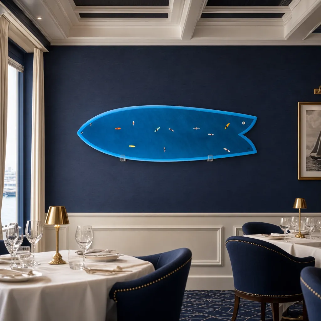 Line Up by Ben Hicks – Limited Edition Surfboard Art mounted on the wall of a high-end space (AI-generated visualization)