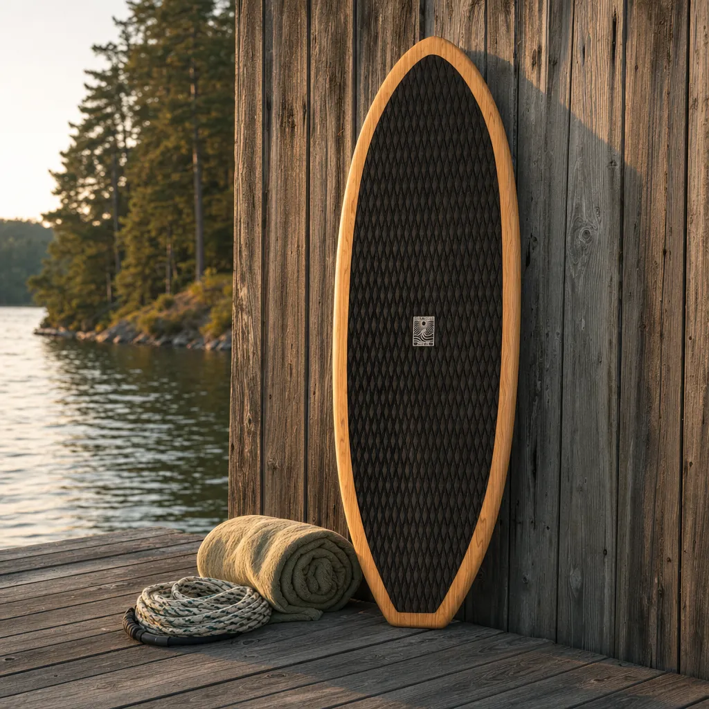 Morning Wood Wake Surfboard – Olive Wood on a lake dock at golden hour (AI-generated visualization)