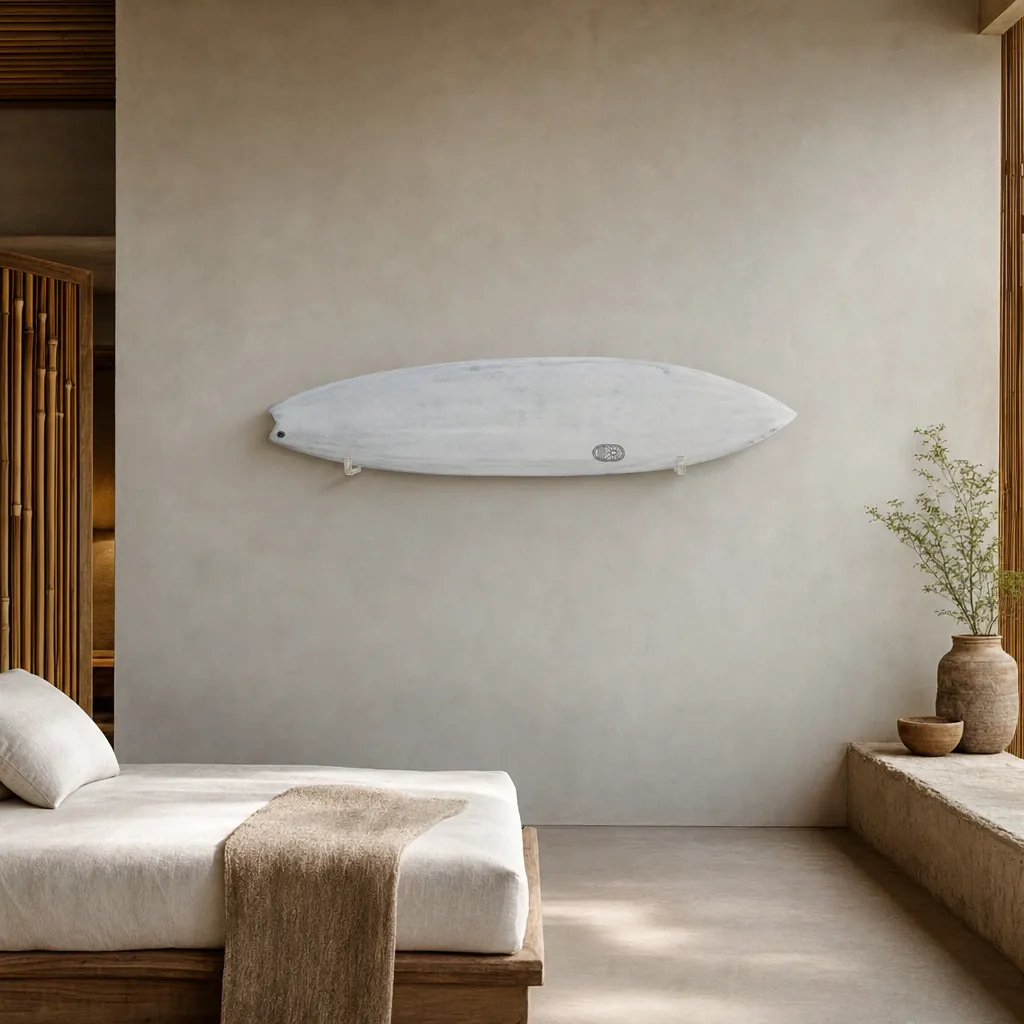 Ono Surfboard - Bomb Proof Tech Carbon mounted on the wall of a high-end space (AI-generated visualization)