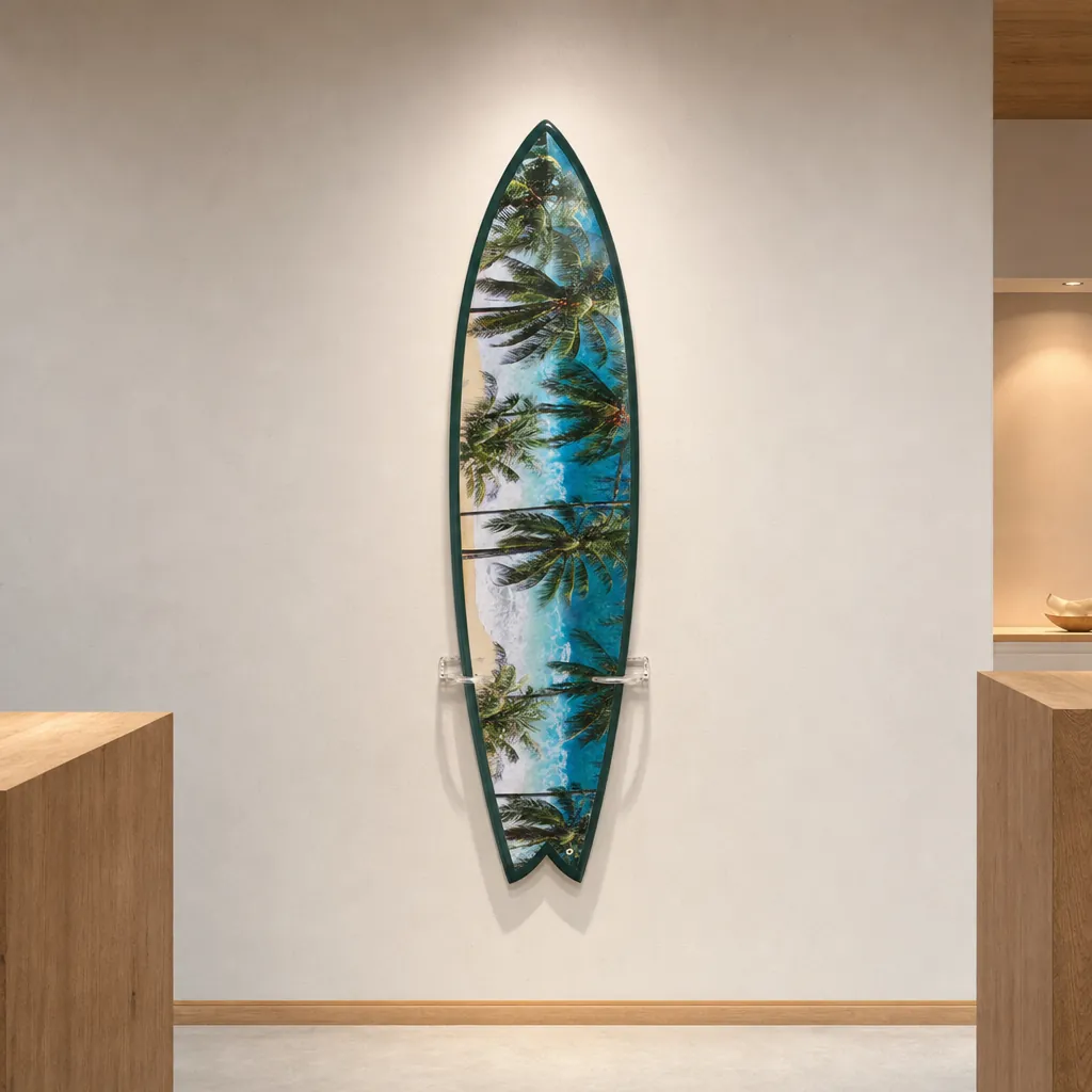 Palm Trees by Ben Hicks – Limited Edition Surfboard Art mounted on the wall of a high-end space (AI-generated visualization)