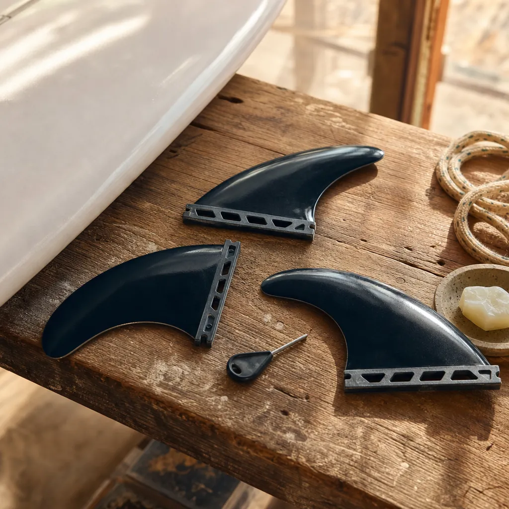 Salty Shores Essential Thruster Fins styled on a shaping bench (AI-generated visualization)
