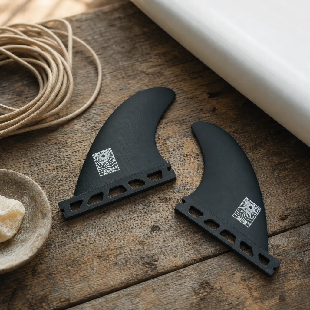 Salty Shores Volan Twin Fins styled on a shaping bench (AI-generated visualization)