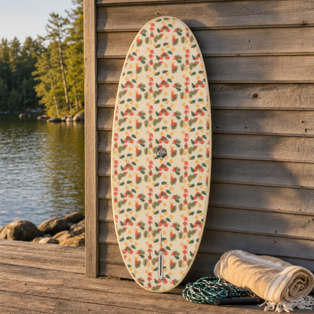 Shore Thing Wake Surfboard – Floral Inlay on a lake dock at golden hour (AI-generated visualization)