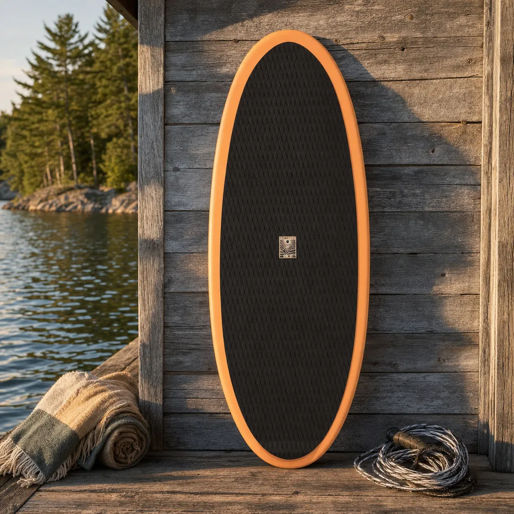 Shore Thing Wake Surfboard – Peach on a lake dock at golden hour (AI-generated visualization)