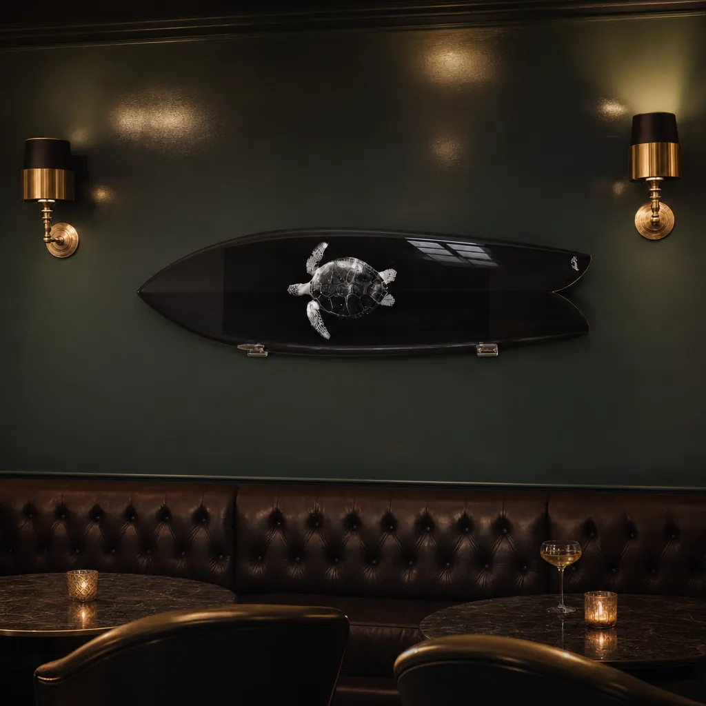 Slowing Down by Henry Bliss – Limited Edition Surfboard Art mounted on the wall of a high-end space (AI-generated visualization)