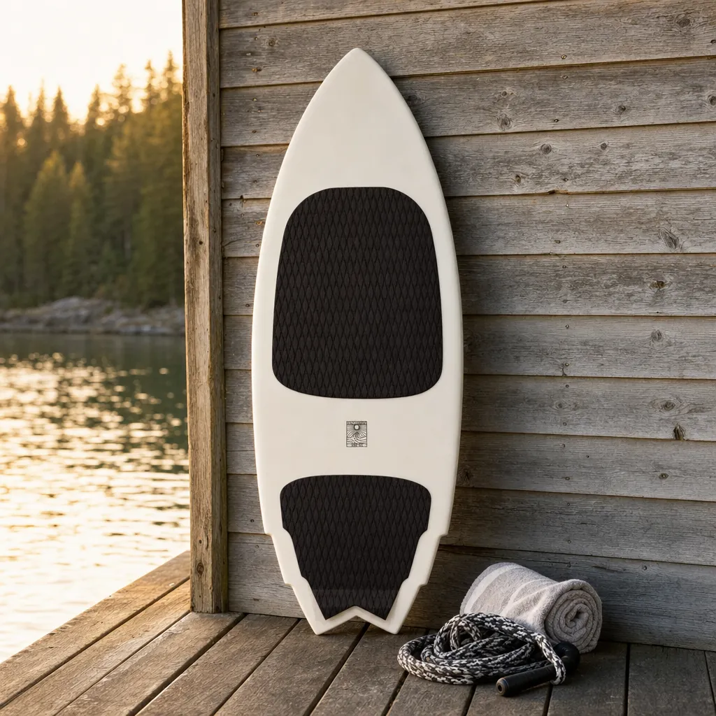 Smoke Show Wake Surfboard – Carbon Fiber BPT ™️ 2025 on a lake dock at golden hour (AI-generated visualization)
