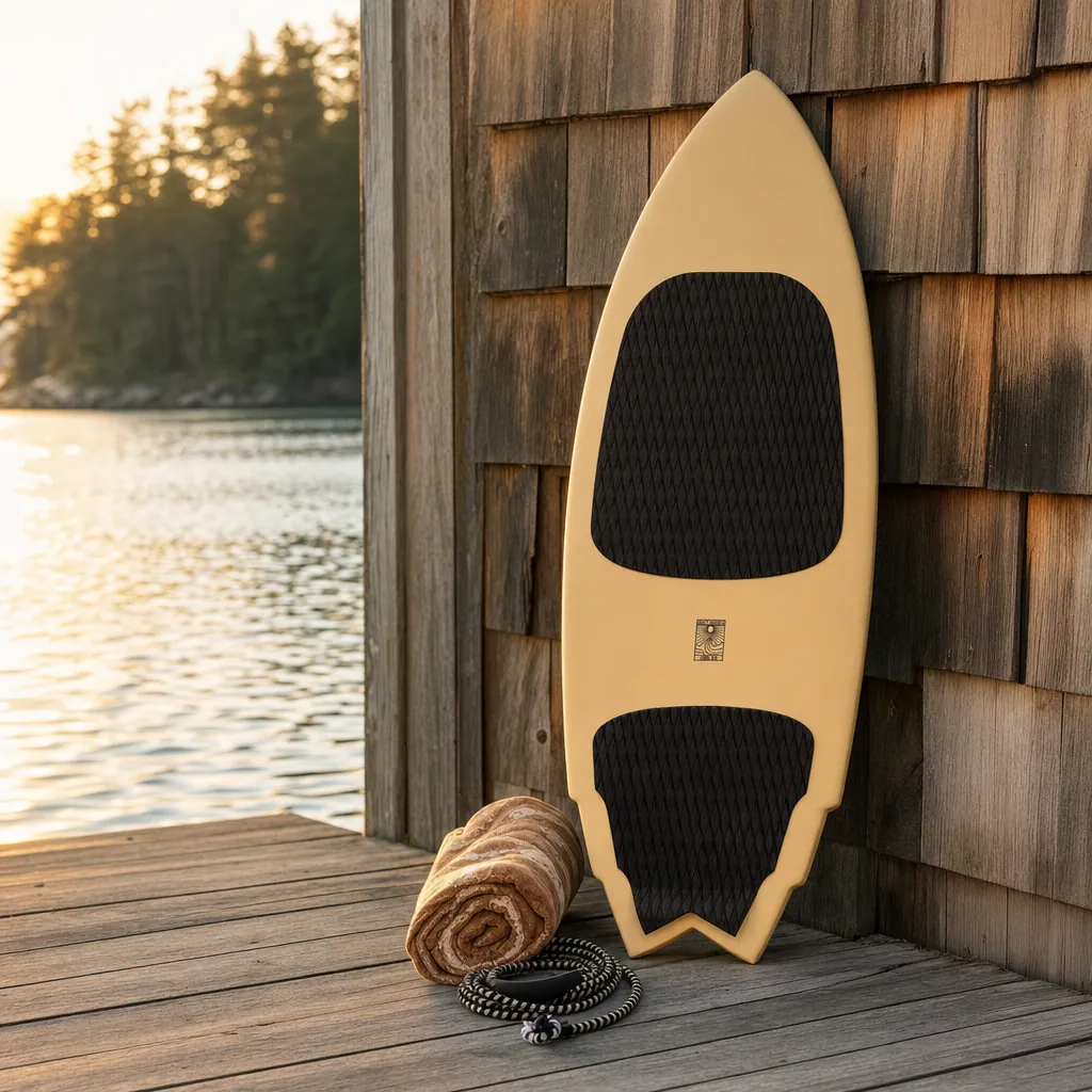 Smoke Show Wake Surfboard – Cream on a lake dock at golden hour (AI-generated visualization)