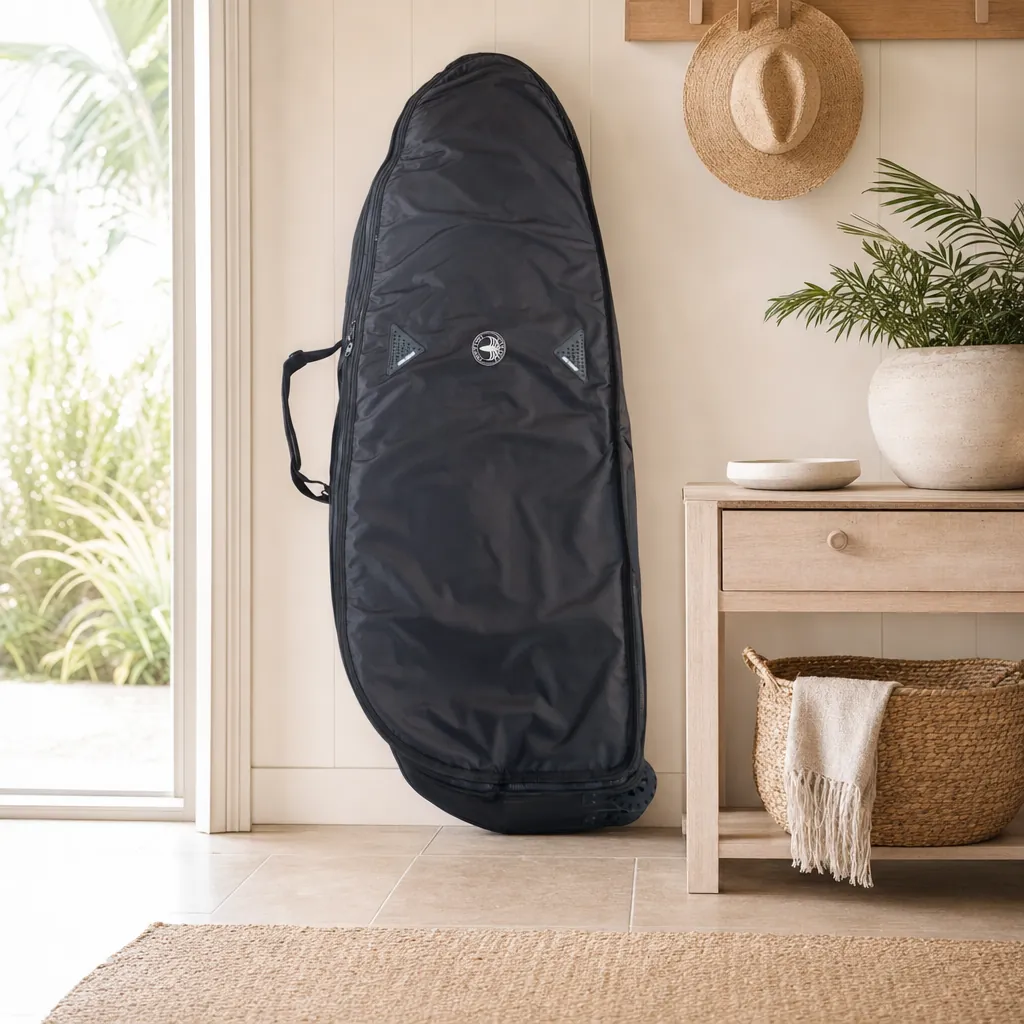 STCo. 3-4 Travel Surfboard Coffin in a beach-house entryway (AI-generated visualization)