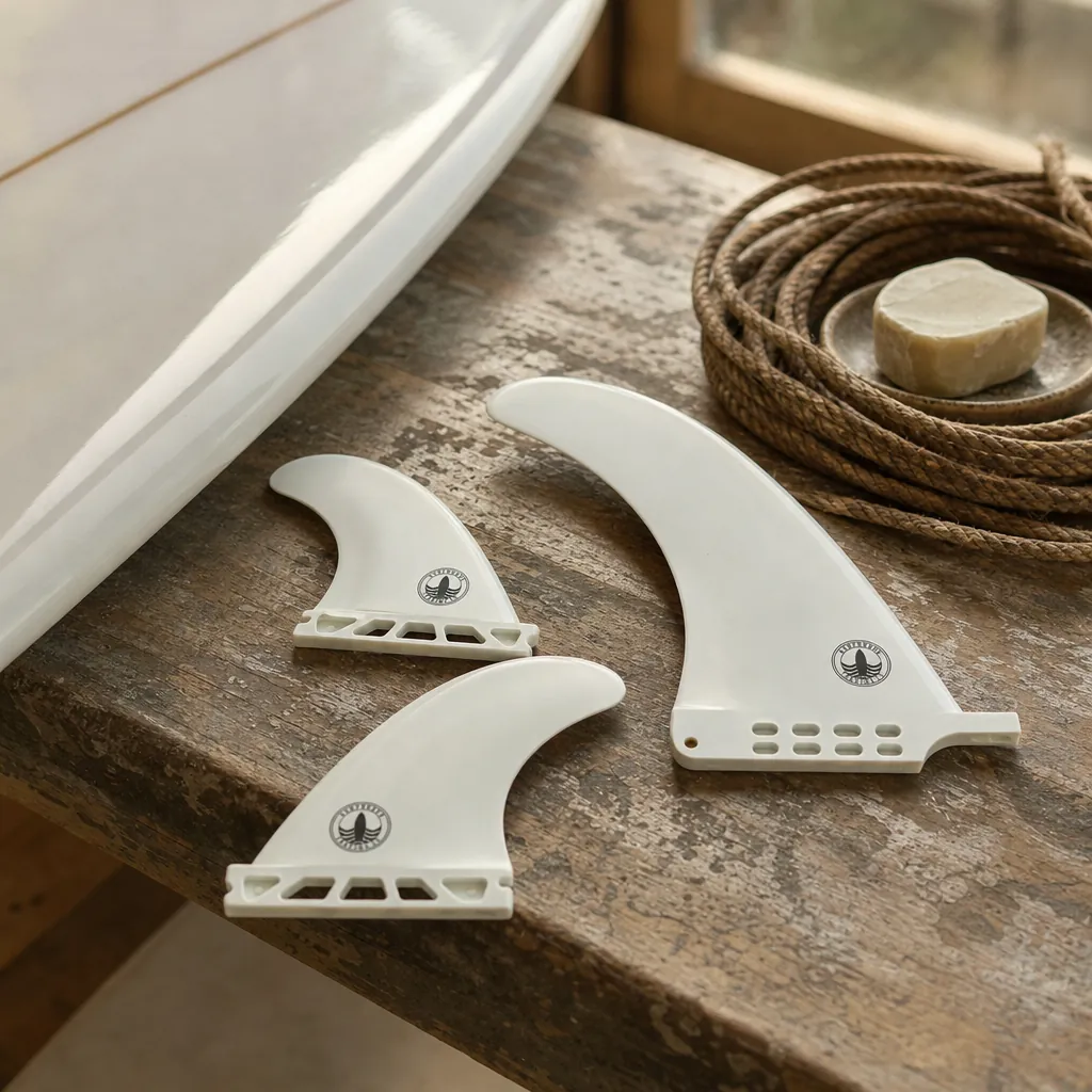 STCo. Basic Fin + Side Bites styled on a shaping bench (AI-generated visualization)
