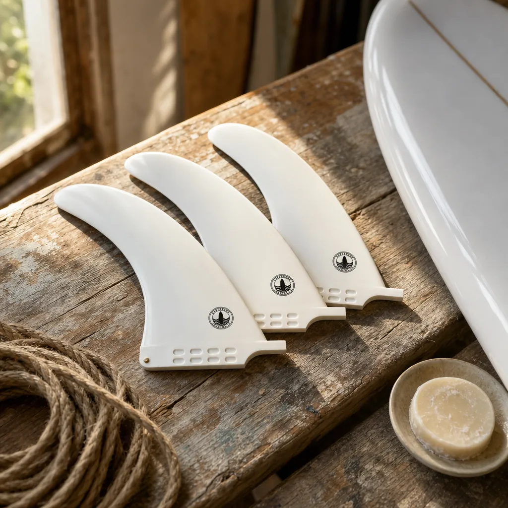STCo. Basic Single Fin styled on a shaping bench (AI-generated visualization)
